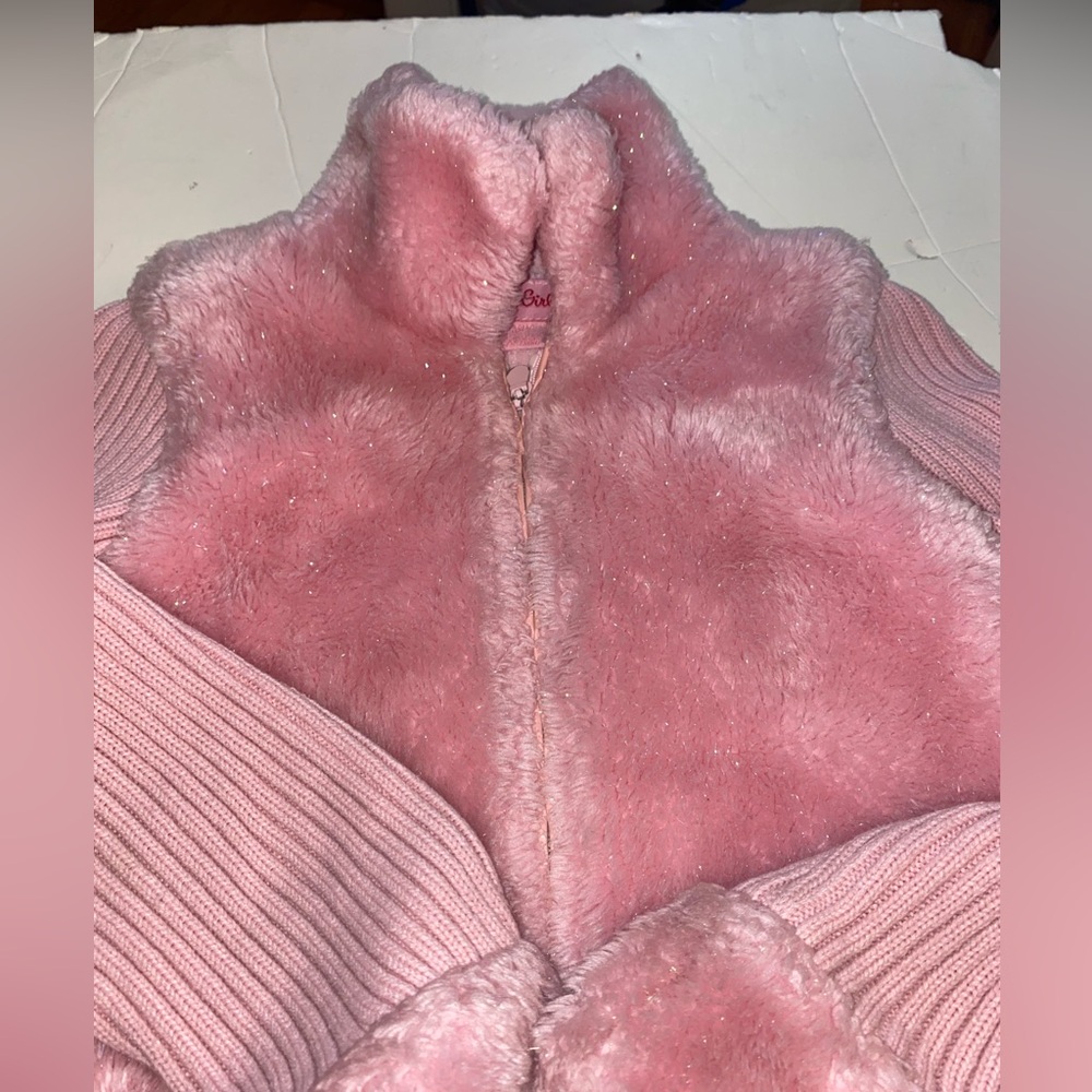 SQUEEZE GIRLS SOFT PINK RIBBED & FAUX FUR ZIPPERED CARDIGAN SWEATER MED EUC 18-6